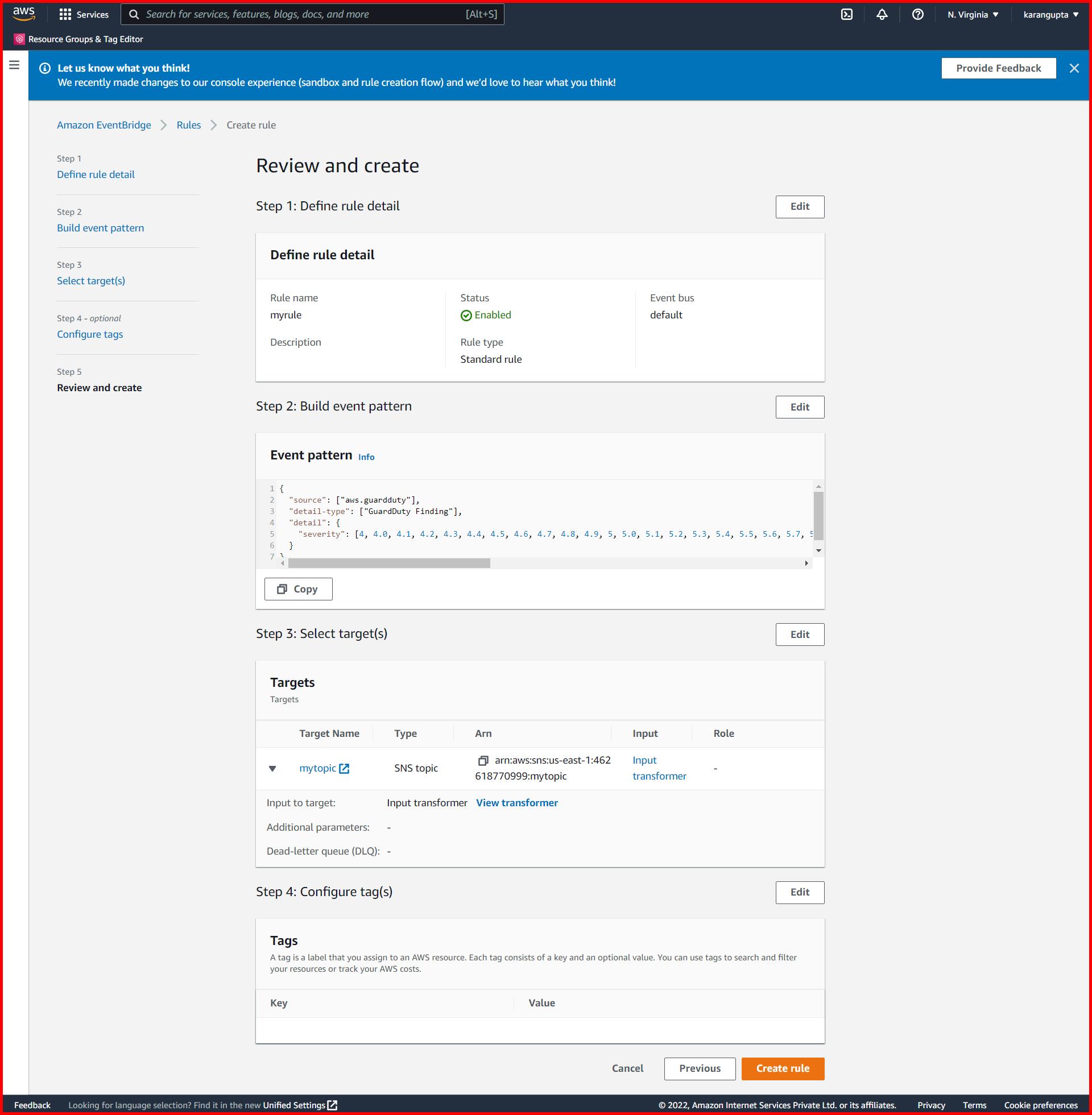 Picture showing the review screen before the rule is created